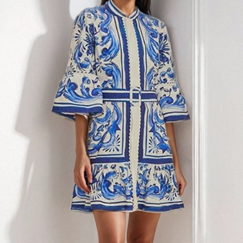 Elegant Floral Print A Line Dress Waist Defining Bell Sleeves Spring Fashion Perfect for Parties and Events