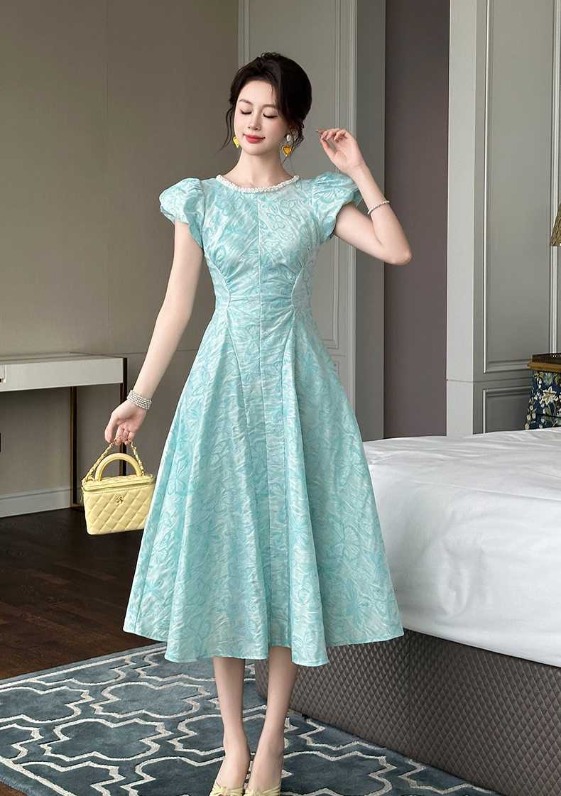 Đầm maxi nữ cổ vuông tay ngắn dáng chữ A — [Xanh nhạt] chi tiết 11