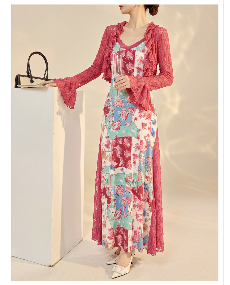 Set áo cardigan ren phối váy hai dây đuôi cá họa tiết hoa — Áo, Váy hai dây, Bộ