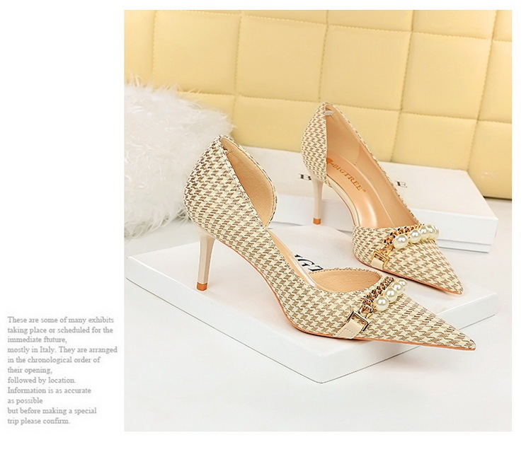 Giày cao gót nữ mũi nhọn họa tiết ca rô phối xích kim loại — 8829-1 đen 11CM, 8829-1 màu mơ 11CM, 8829-A1 đen 7.5CM, 8829-A1 Màu mơ 7.5CM