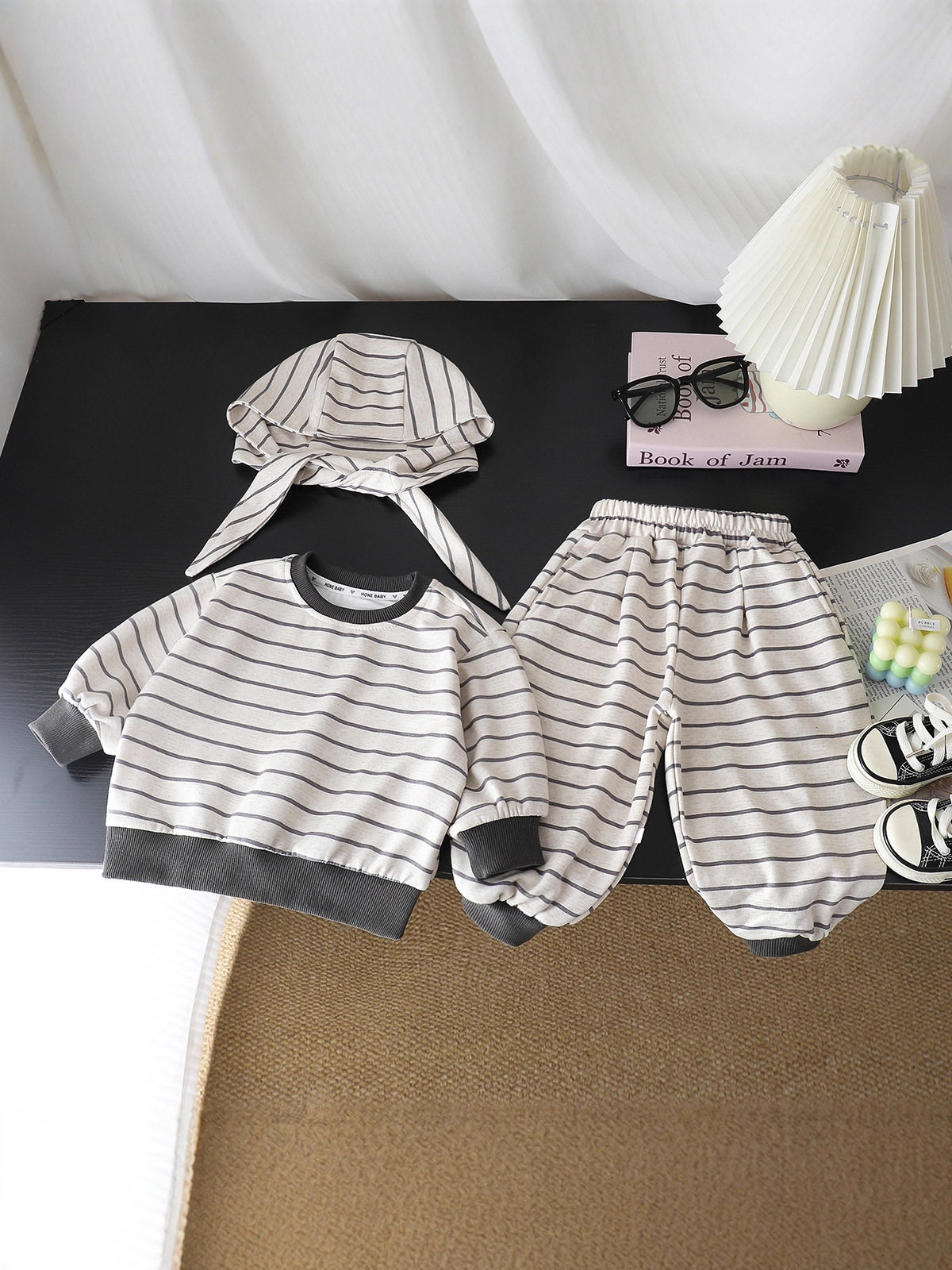Children's Korean Style Striped Hoodie Set, New Spring & Autumn Top, Versatile Casual Outfit with Earflap Hat