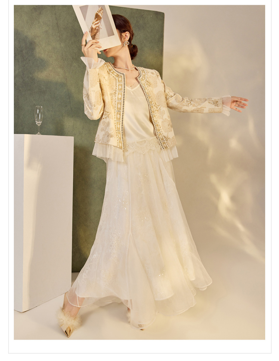 Áo khoác ngắn nữ dáng thanh lịch thêu cườm họa tiết hoa nhún bèo — Vàng Champagne (giao hàng trong 7 ngày), Vàng Champagne (giao hàng trong ngày)