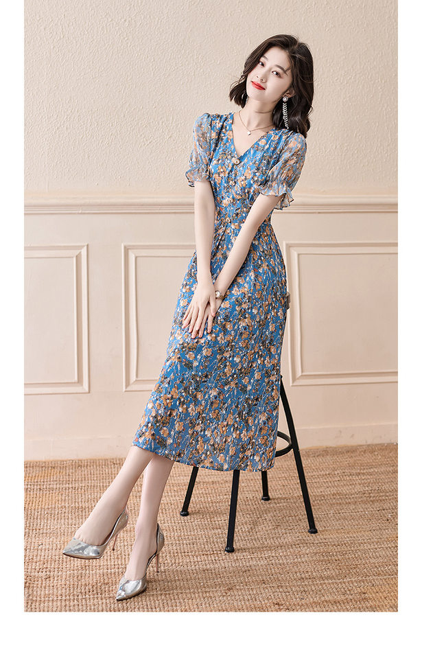 Váy Hoa Nhí Nữ Cổ chữ V Tay Ngắn dáng chữ A Xòe Thắt Eo Màu Xanh Dương chi tiết 10
