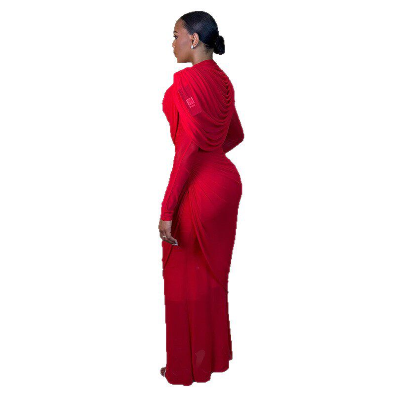 Elegant Womens Bodycon Dress Solid Color Ruffled Design Long Sleeve Round Neck Perfect for Parties and Events
