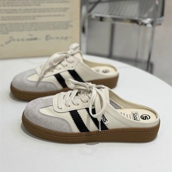 Popular 2024 New Summer Half-Slippers for Women to Wear Outside, Genuine Leather Toe-Toe Retro Flats-Soled Casual Sneakers, Trbottomy