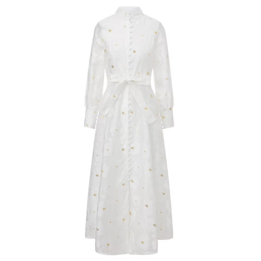Vintage Inspired Luxury Jacquard Dress Stand Collar Waist Tie Slim Fit Elegant Long Dress for Spring and Autumn