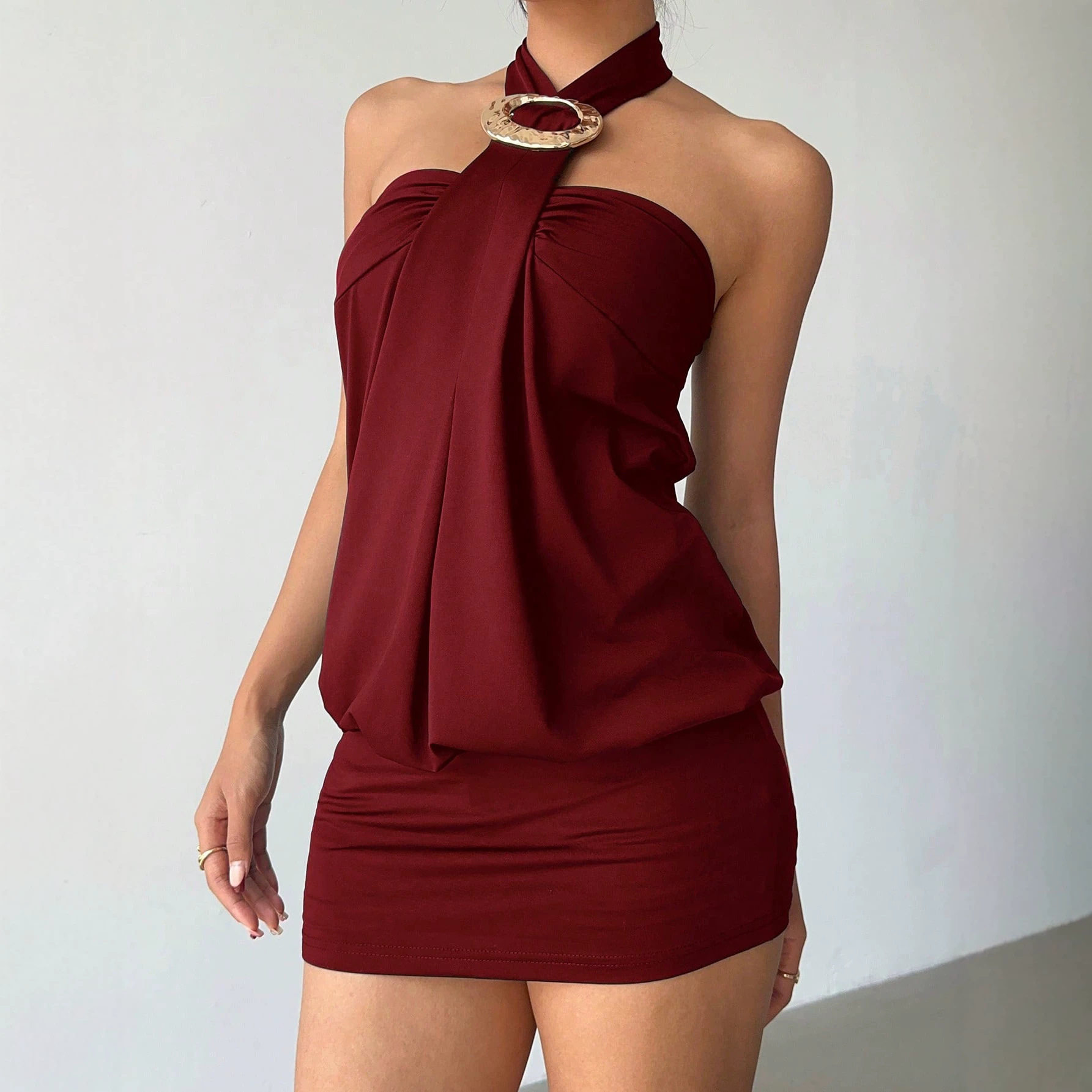 Halter Neck Bodycon Dress for Women Metal Ring Detail Backless Slim Fit Short Length Perfect for Parties and Events