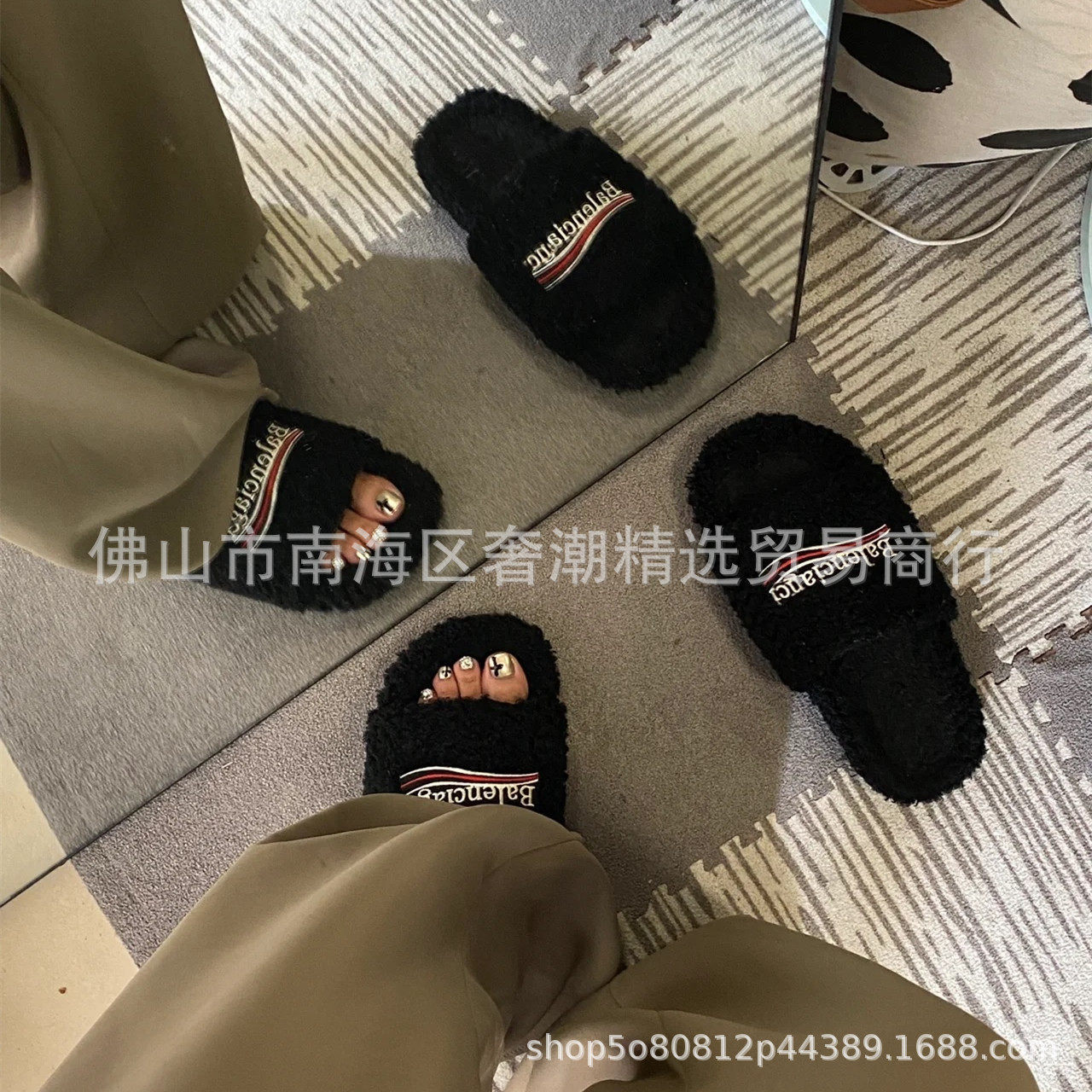 European Station Paris Furry Slippers for Women's Outer Wear 2023 Autumn and Winter Wool Lamb Fleece-Lined Family Outer Wear Slippers for Women