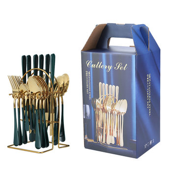 Amazon Hot Stainless Steel Tableware Set 1010 Knife, Fork and Spoon 24 Piece Set Titanium Plated Hanger Gift Set Wholesale