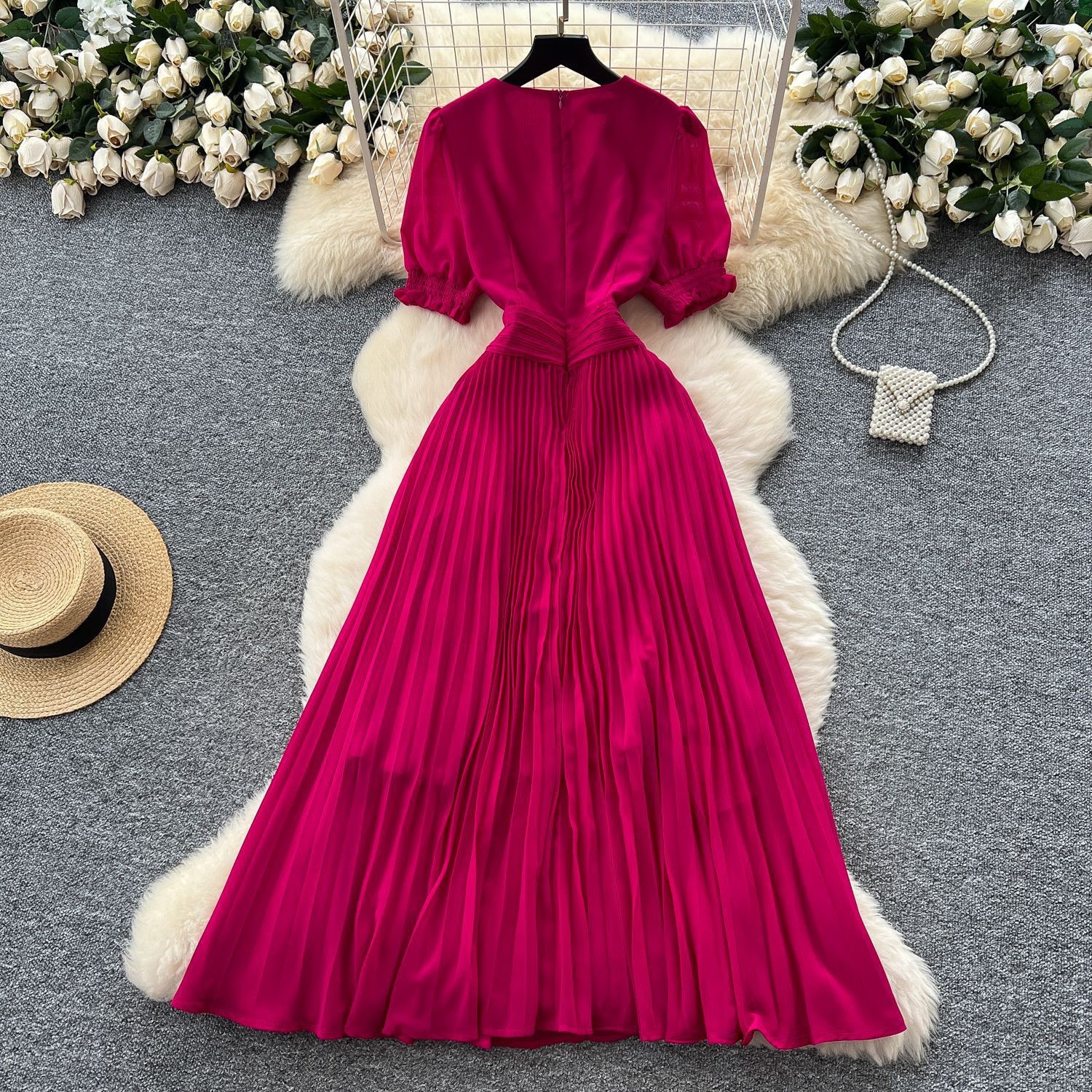 French Elegant V Neck Puff Sleeve Floral Waist Defined Pleated Maxi Dress for Women Summer Slim Fit Wholesale Available