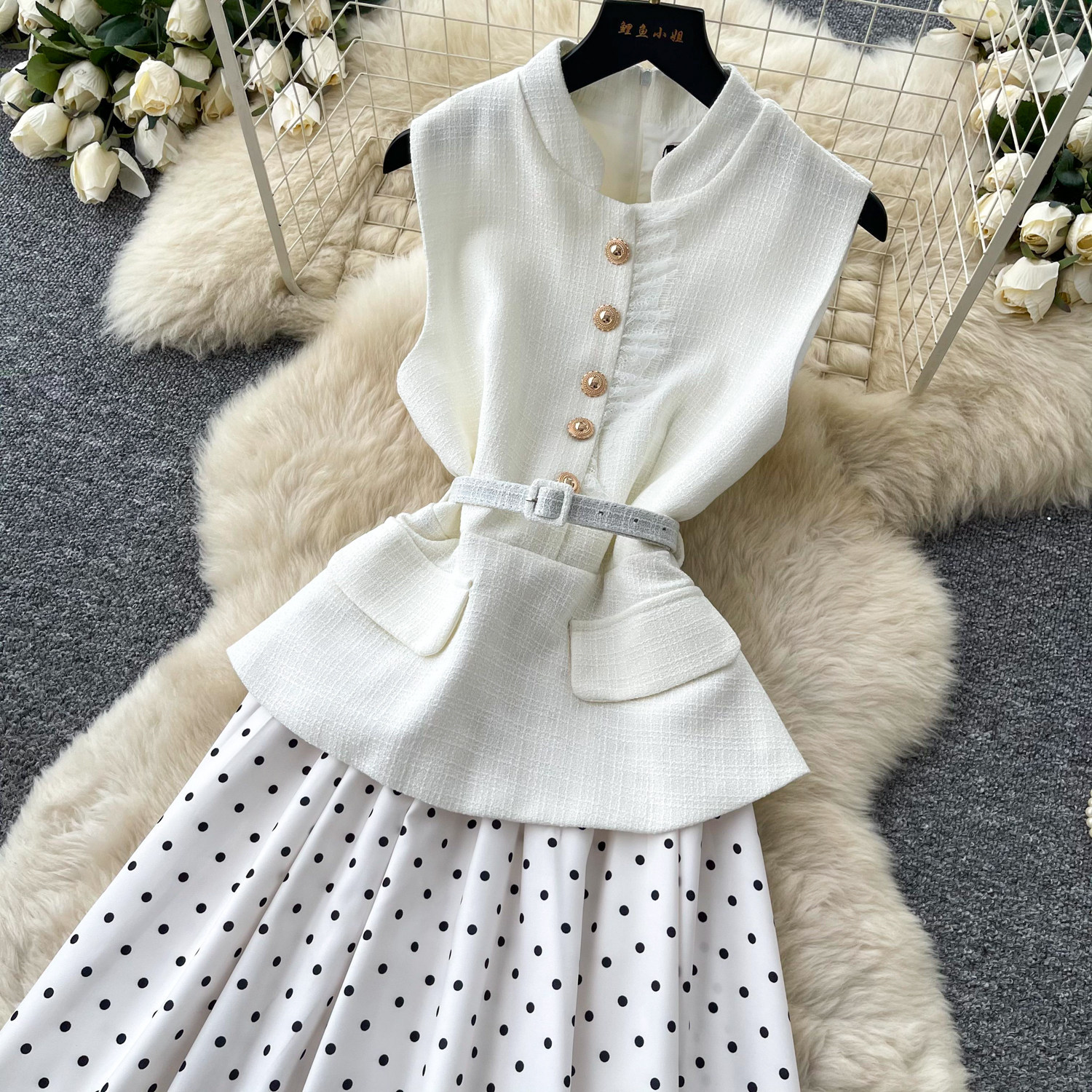 Sleeveless Polka Dot Dress Slim Fit Belted Button Closure Elegant Summer A Line Style Wholesale Available
