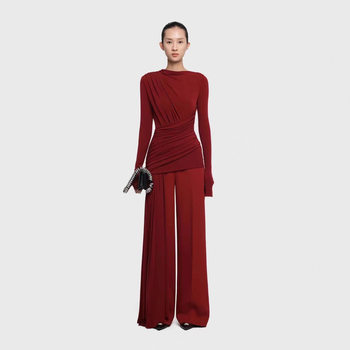 Ready Stock Simple Two-Piece Set for Autumn and Winter, Elegant Pleated Asymmetrical Slim-Fit Top and Wide-Leg Trousers 50048