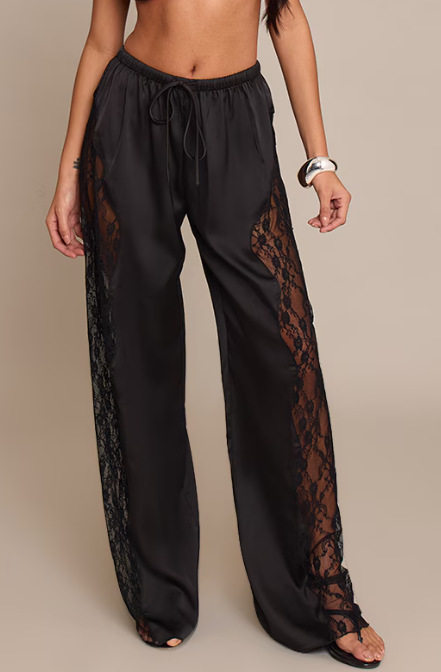 Womens Satin Lace Loose Fitting Floor Length Pants Solid Color Fashionable Elegant Design Perfect for Parties and