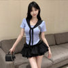 Internet Celebrity Sexy Navy Collar Color-Blocked Slimming Look Pullover T-Shirt Top + Puffy Skirt Jk Uniform Two-Piece Set