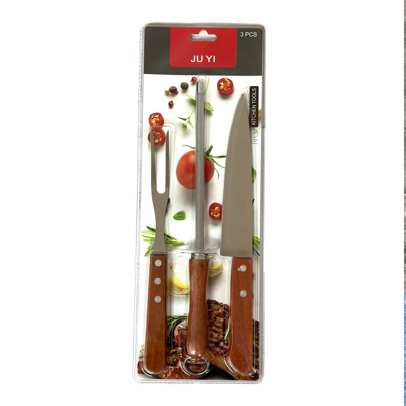 Foreign Trade Products Barbecue Tools Three-Piece Set Stainless Steel Kitchen Knife Single-Sided Suction Double-Sided Suction Wooden Handle Barbecue Fork Sharpening Stick