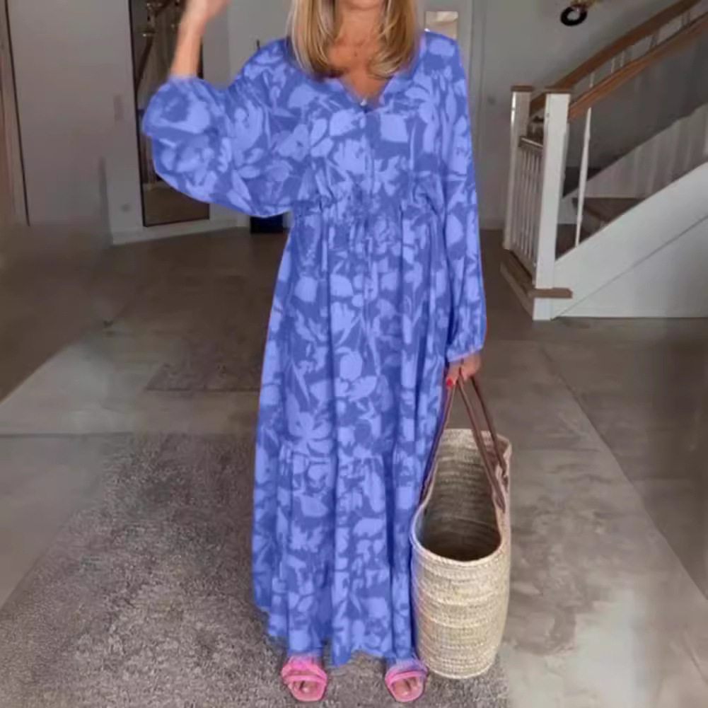 Summer Casual Loose V Neck Long Sleeve Dress for Women Floral Print Perfect for Daily Wear or Vacation Wholesale