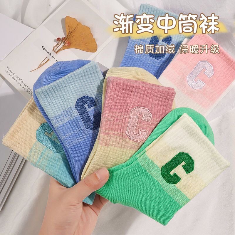秋冬潮流诸暨袜子女中筒ins潮字母长筒透气百搭运动防臭女士长袜