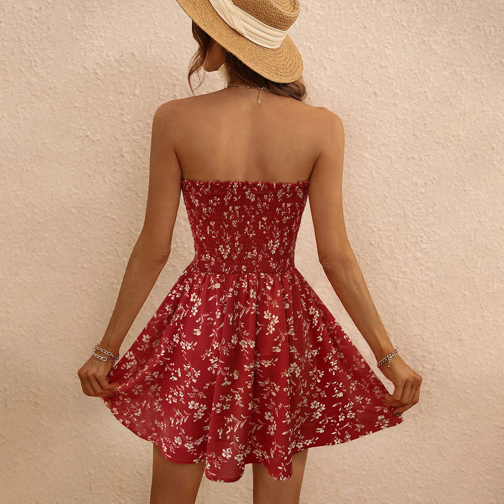 Floral Print Strapless Dress Slimming Waist Design Playful Style Summer Fashion Wholesale Available