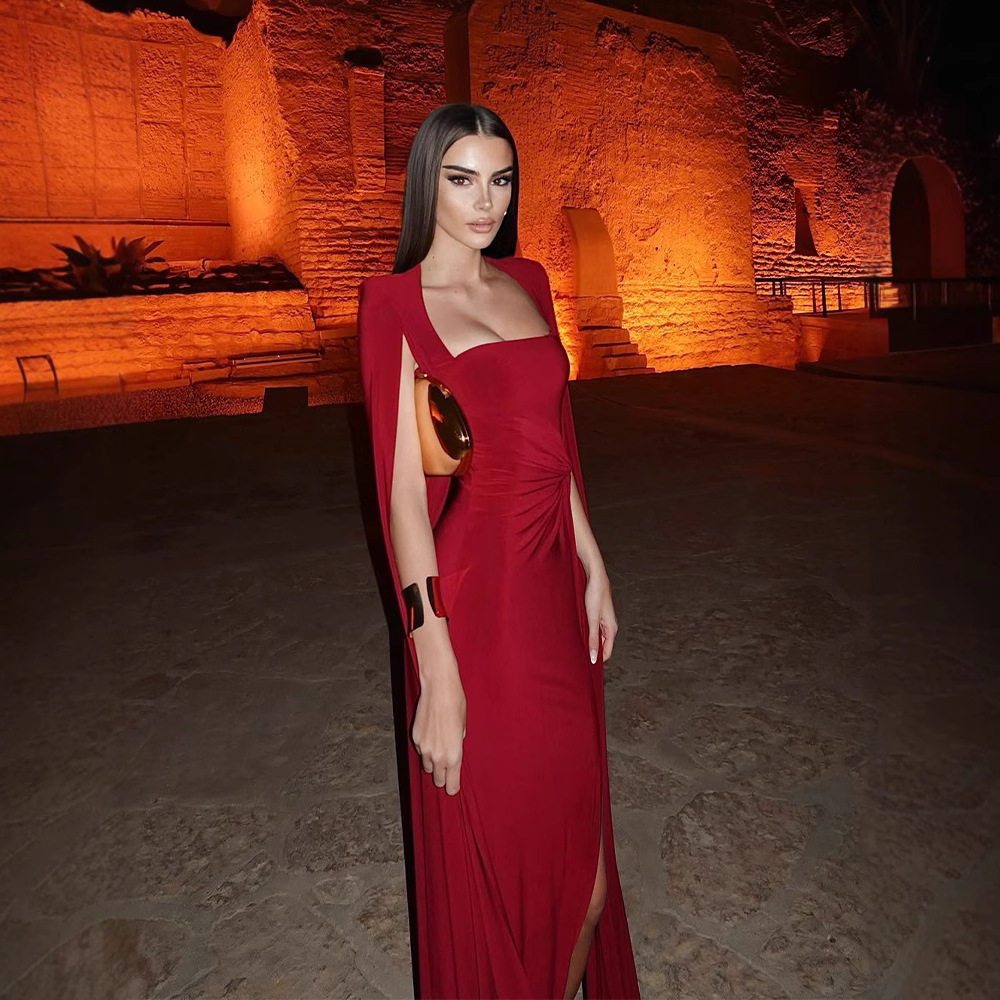 Elegant Long Dress Square Neck Water Sleeve Waist Cinching Solid Color Sexy Design Perfect for Red Carpet Events