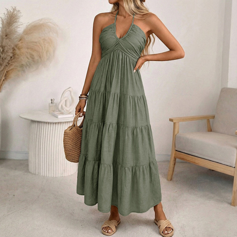 Casual Vacation Style Halter Neck Maxi Dress Solid Color Layered Design Flowy Silhouette Perfect for Summer Events