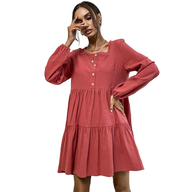 Loose Fit Long Sleeve Dress Cotton Linen Blend Pleated Design Vibrant Red Casual Wear for Spring and Summer