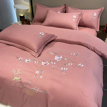 New high-end embroidery four-piece solid color elegant cotton skin-friendly brushed bedding four-piece bed sheet quilt cover set