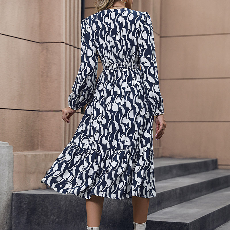 Womens Autumn Dress V Neck Irregular Hem Floral Print Casual Wear for Fall Wholesale Available