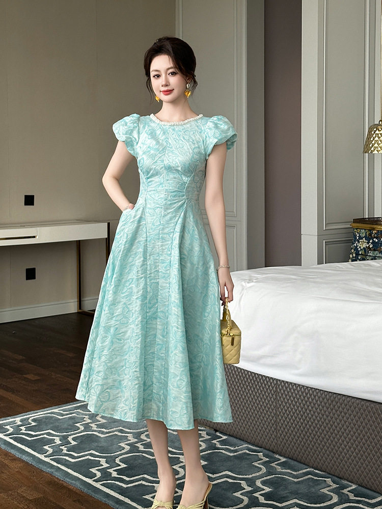 Đầm maxi nữ cổ vuông tay ngắn dáng chữ A — [Xanh nhạt] chi tiết 1