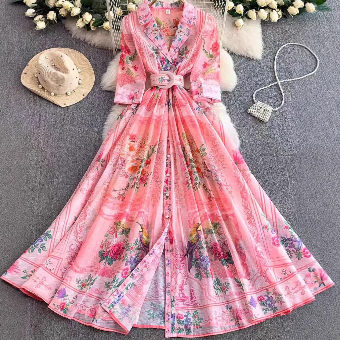 French Floral Print Blazer Dress Three Quarter Sleeve Single Breasted Waist Defined Flared Hem Spring Fall Vacation
