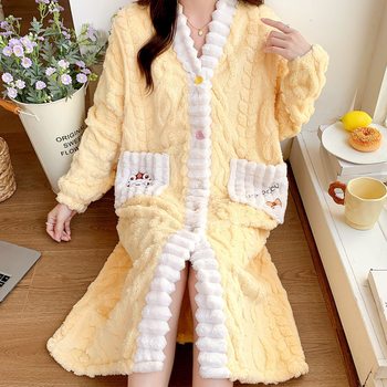 Coral Velvet Maternity Nightgown Autumn and Winter Flannel Thickeneded Maternity Skirt Confinement Clothing Warm Maternity Breastfeeding Outer Wear