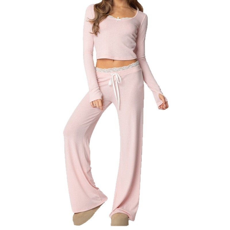 Amazon's Popular Lace Splicing Home Two-Piece Slim Square Neck Knitted Short Set Women's Multi-Color Casual Suit