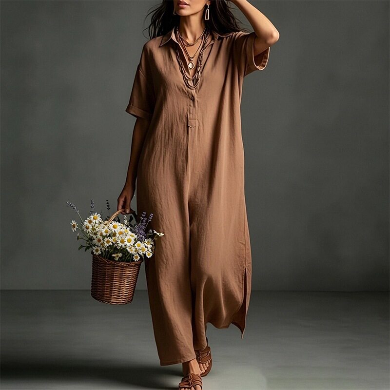 Womens Short Sleeve Polo Neck Long Dress Solid Color Casual Style Beach Vacation Wholesale Available