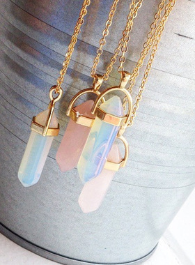 跨境爆款 子弹头吊坠天然石项链六角柱石项链玛瑙石项链首饰