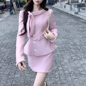 [Celebrity Style Legally Blonde] Daughter's Little Fragrance Suit Waist-Cinching Small Lapel Ribbon Two-Piece Skirt