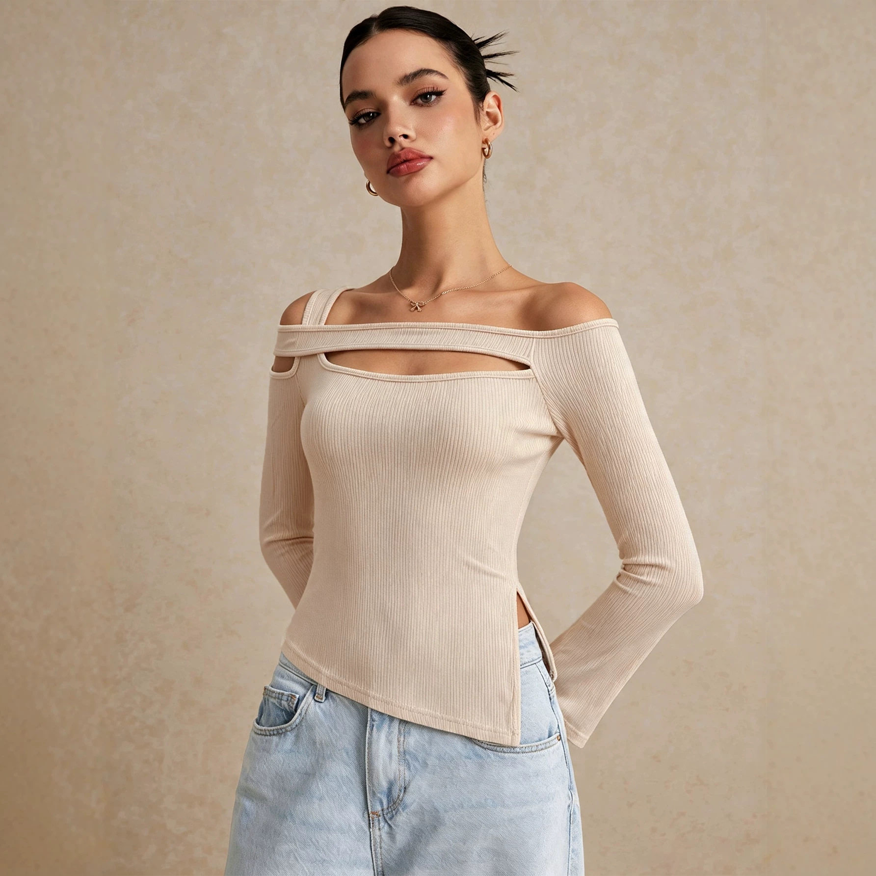 Off Shoulder Hollow Out Knit Top Bell Sleeves Side Slit Slim Fit Autumn Winter Fashion Wholesale Available