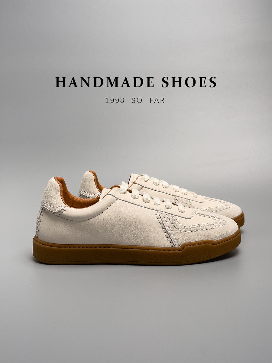 Giày sneaker nam da bò thật cao cấp đế thấp kiểu bóng chày — Màu Be [tỷ lệ chất lượng trên 1000]