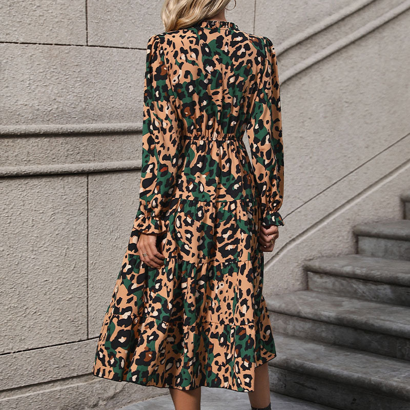 Long Sleeve Leopard Print Dress Mid Length Autumn Fashion Casual Wear Wholesale Available OEM ODM service