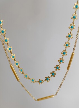 跨境欧美中世纪复古风INS蓝色小花滴胶时尚项链钛钢颈链饰品