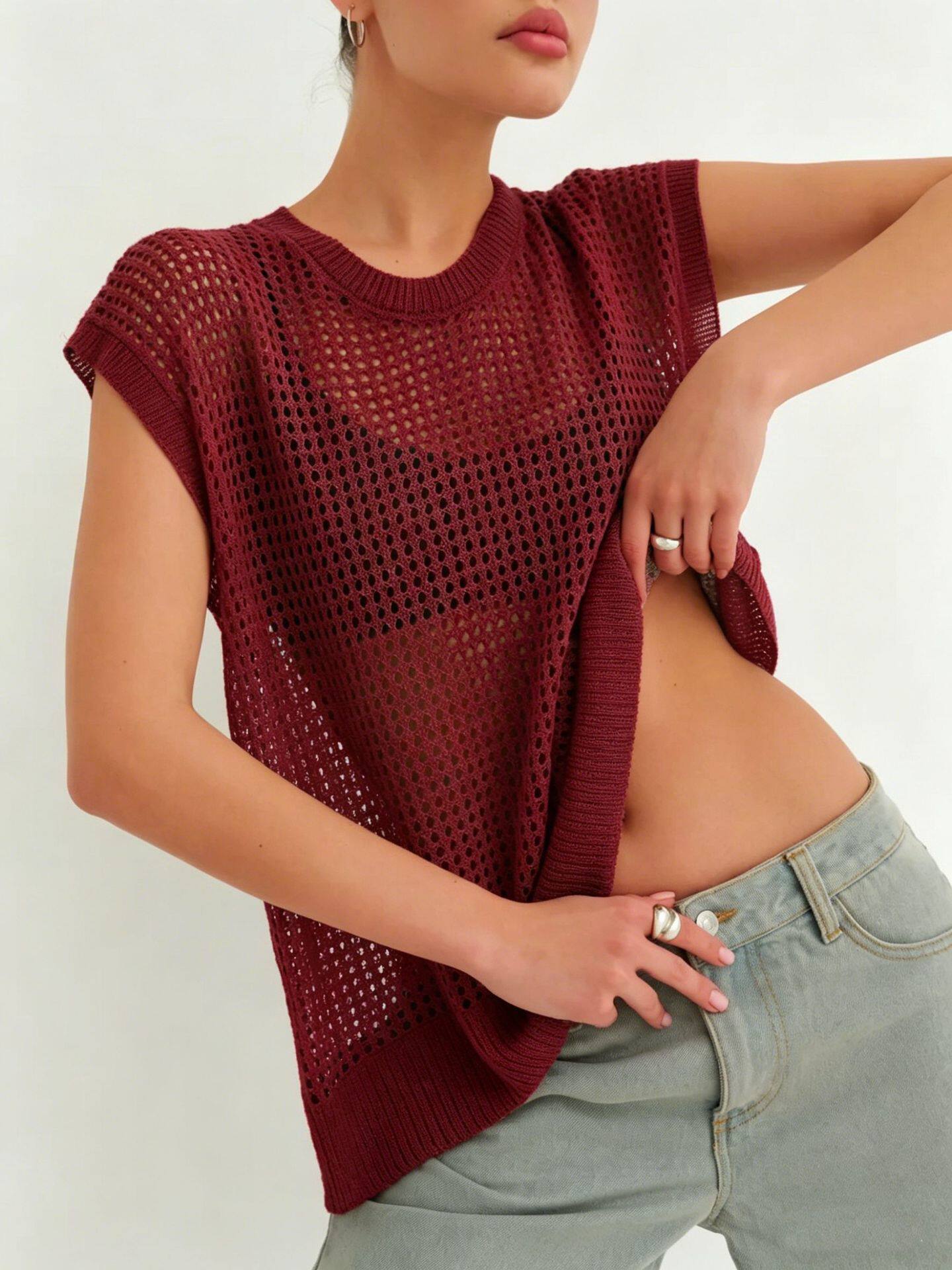 Lace Knit Sweater Vest Lightweight Sheer Round Neck Spring Summer Fall Fashion Wholesale Available