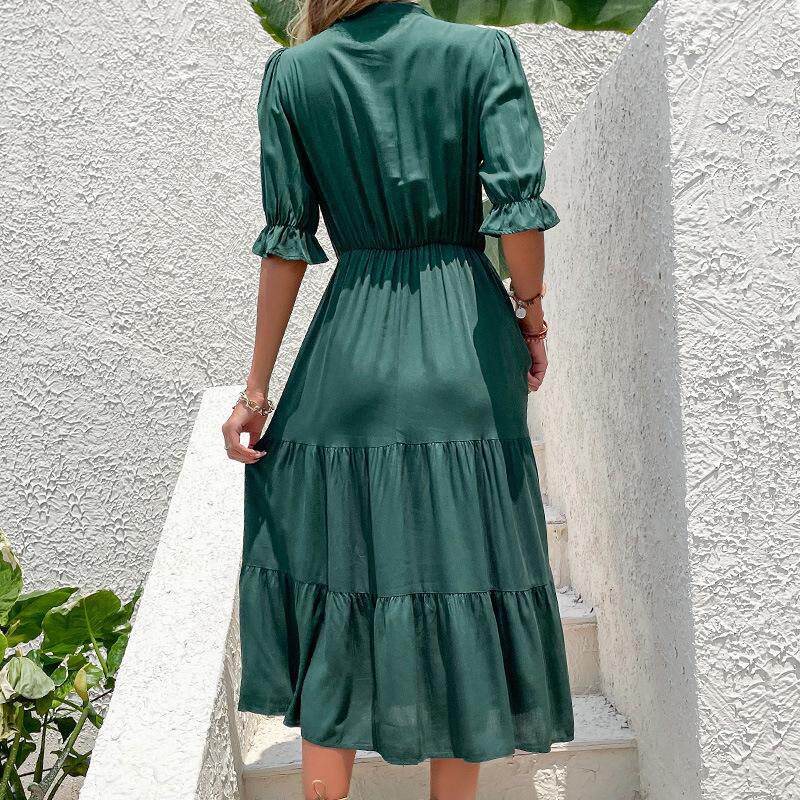 Elegant Vintage Short Sleeve Dress with Bow Decoration Soft Fabric Solid Color Summer Style Wholesale Available