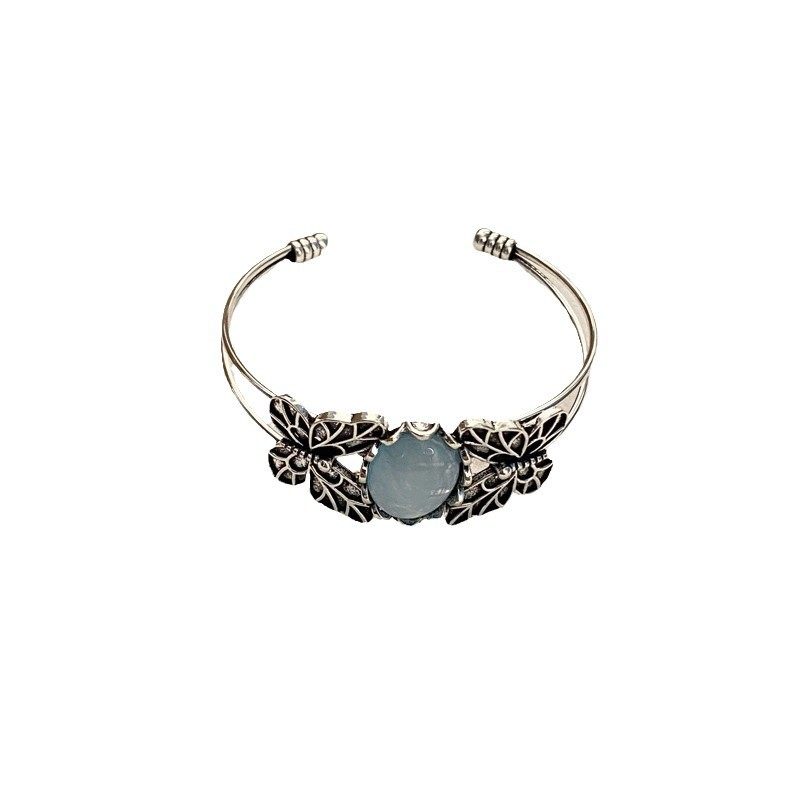 Antique Cool Feeling Old Butterfly Bracelet Imitation Aquamarus Double Opening Metal Bracelet Niche High-end Jewelry