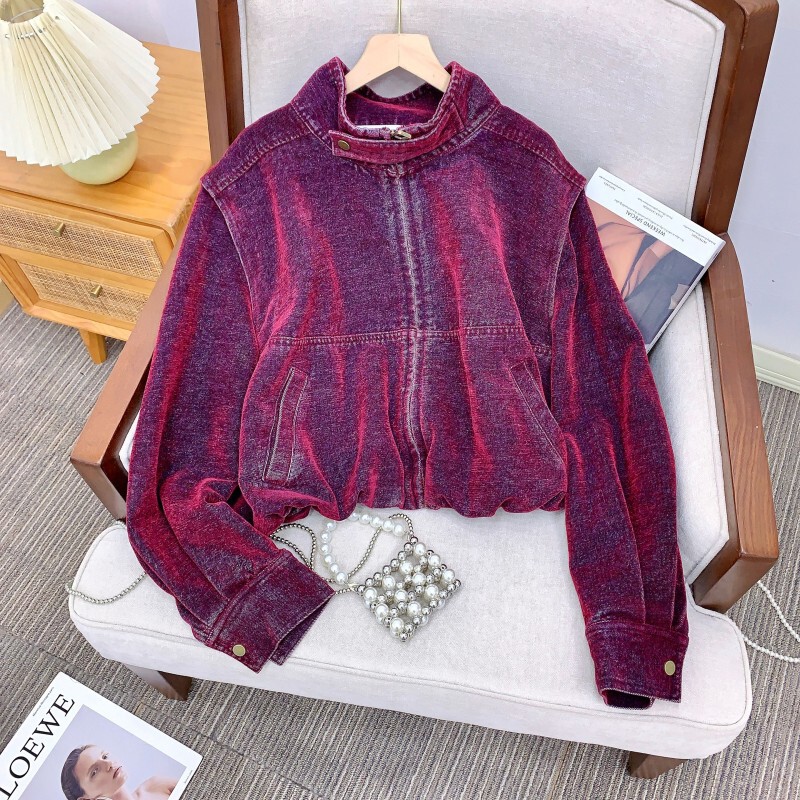 Áo khoác denim nữ dáng thon có túi, thiết kế tháo rời — Đỏ oiran, Xanh biển đậm