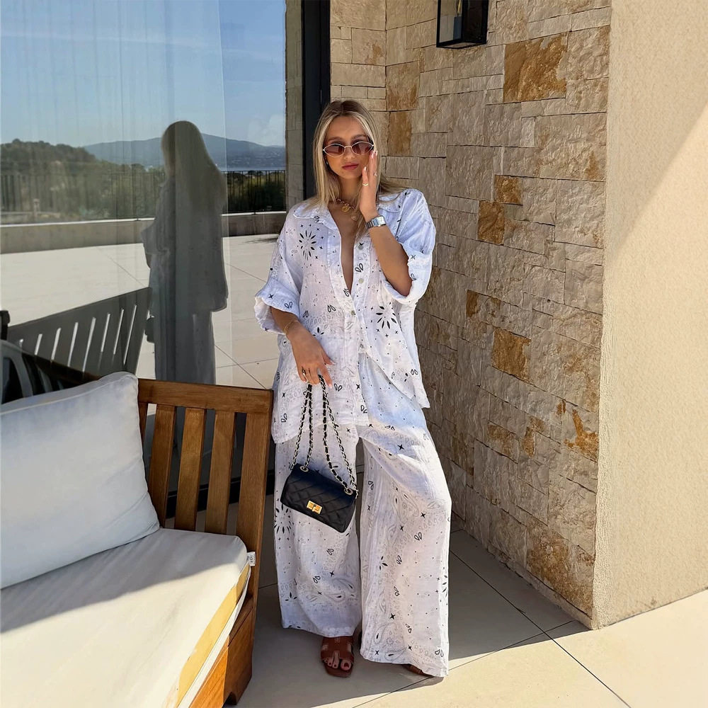 Womens Printed Hollow Out Button Up Shirt and Loose Pants Set Comfortable Trendy Versatile Perfect for Casual