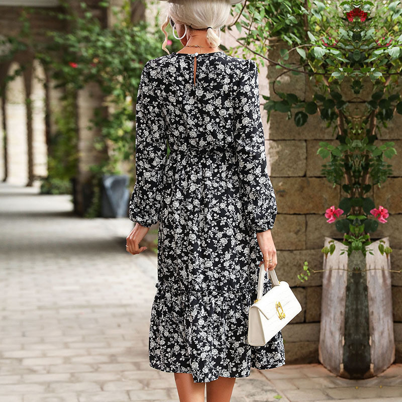 Womens Long Sleeve Black Floral Dress Elegant Design Autumn Winter Style Wholesale Available OEM ODM service