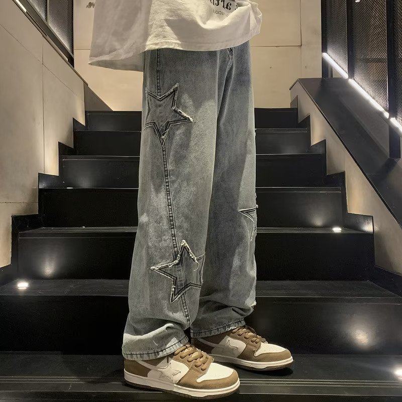 Pentagram jeans men's autumn and winter American high street fashion pants junior high school students straight loose mopping wide leg pants