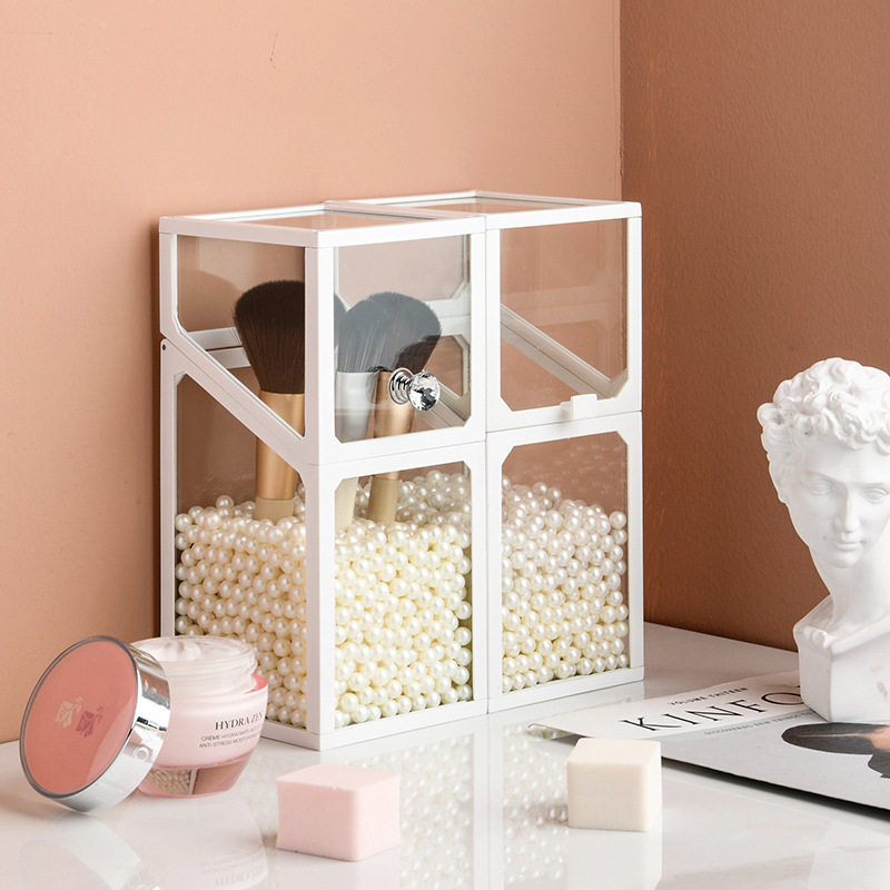 Customized Plastic Edge Glass Dressing Table Transparent Flip-Top Dust-Proof Desktop Organizer Lipstick Eyebrow Pencil Makeup Brush Storage