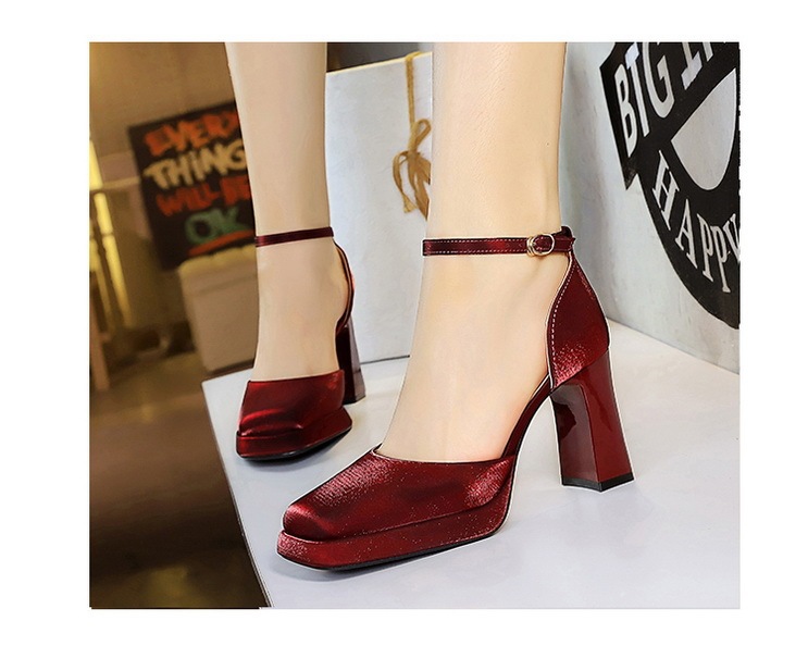 Sandal cao gót nữ quai ngang mũi vuông đế xuồng mặt satin — Màu đen, Màu đỏ rượu, Màu sâm panh, Màu trắng