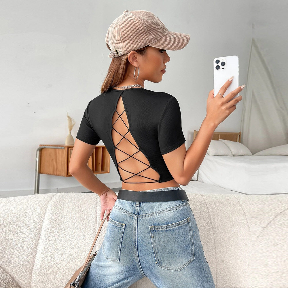 Womens Sexy Backless Short Sleeve Knit T Shirt Slim Fit Casual Style Spring Summer Collection Wholesale Available