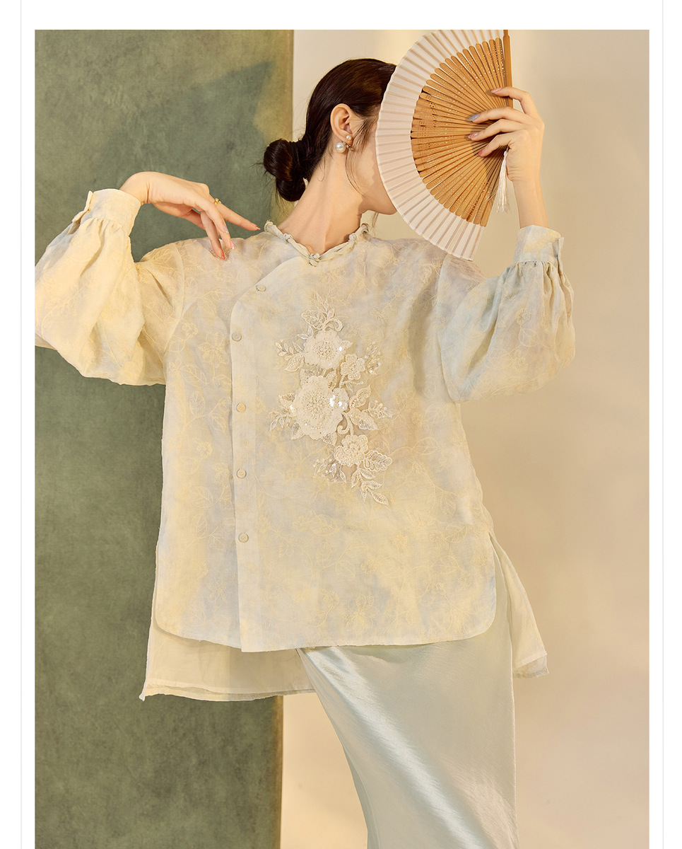 Áo sơ mi nữ dài tay thêu hoa cổ tròn phong cách thanh lịch — Cloud Water Blue (Giao hàng ngay hôm nay), Cloud Water Blue (Giao hàng trong 7 ngày)