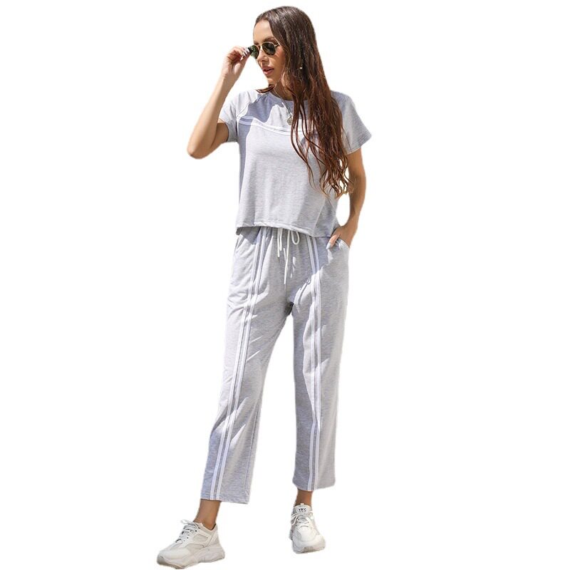 Two Piece Striped Casual Set Short Sleeve Round Neck Trendy Design Perfect for Summer Outings Wholesale Available
